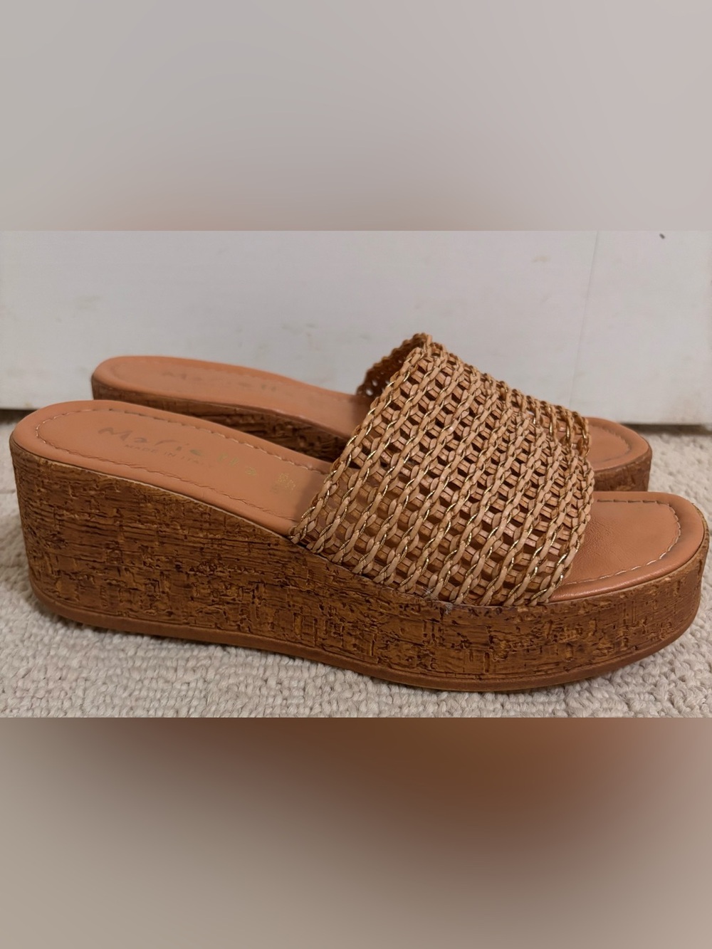 Woven Tan Cork-Platform Slide Sandals